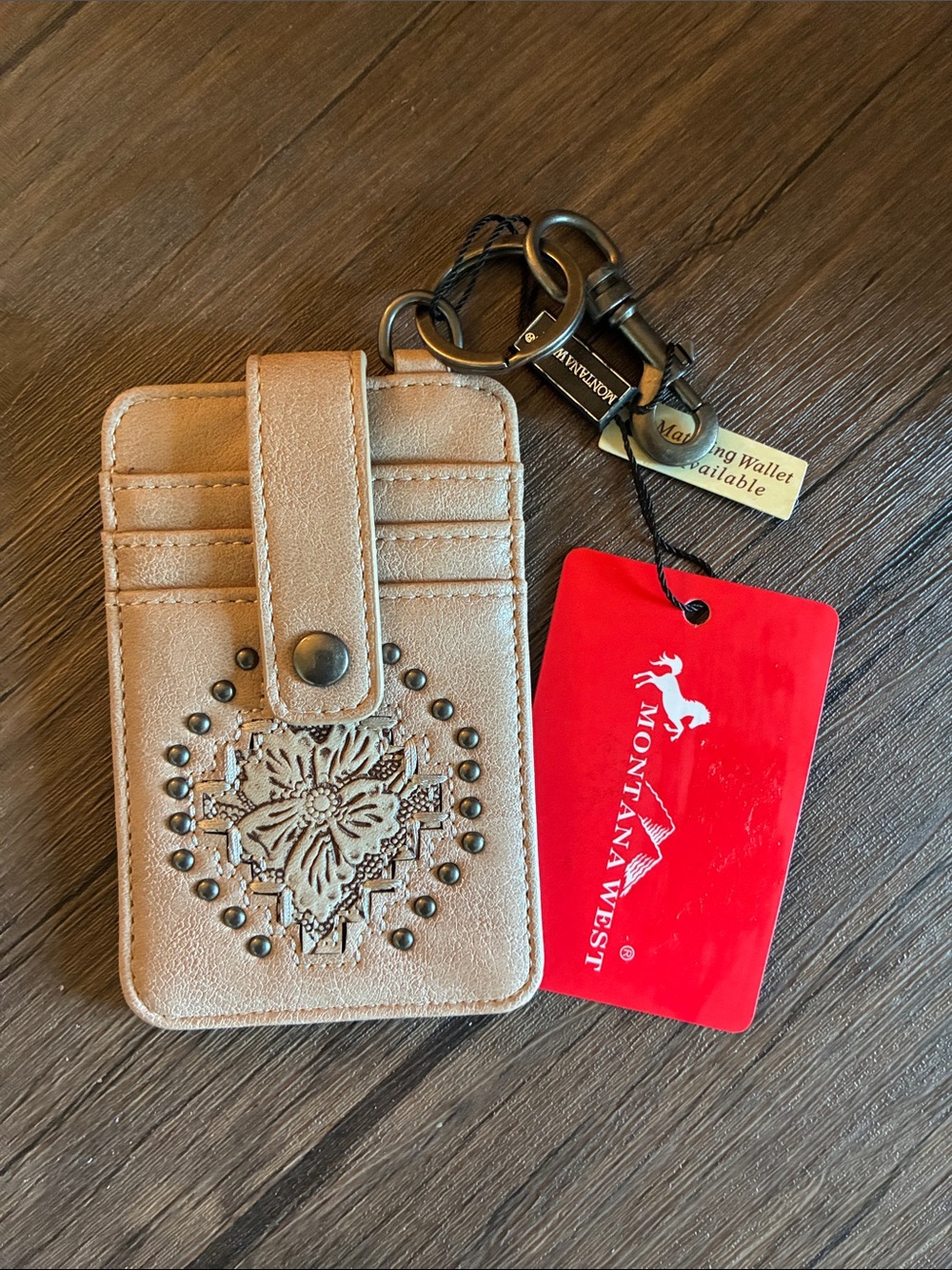 Montana West Tan Floral Embossed Card Holder Keychain with Studs